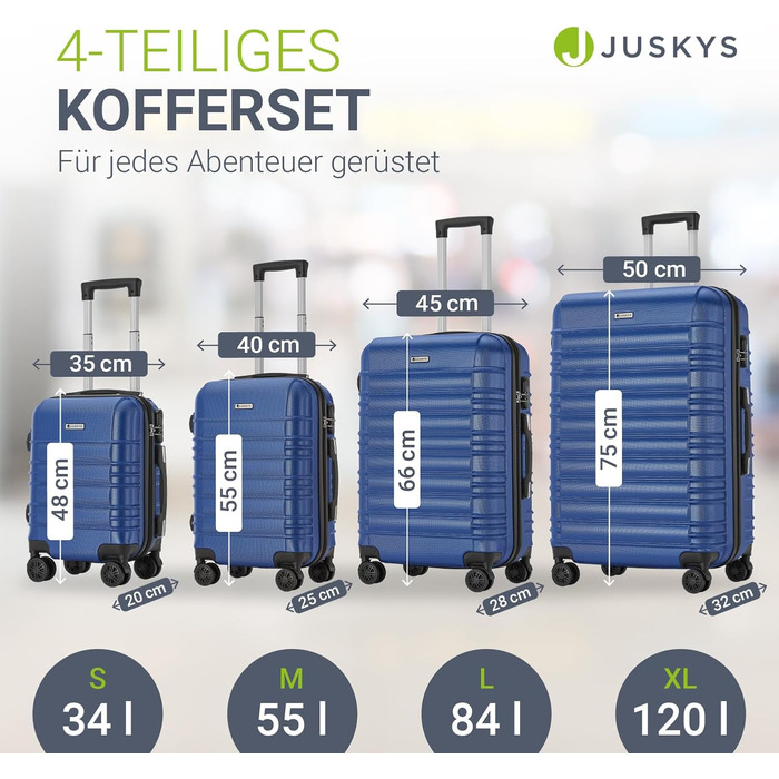 Набір валіз Juskys Hartschale 4 шт. з кодовим замком, тихими колесами 360°, телескопічним ручками, легкий, блакитний колір