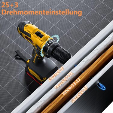 Акумуляторний шуруповерт 21V з акумулятором 4000mAh, 45Nm, 25+3 положення, 2 швидкості, LED, 2 акумулятори 2.0Ah, зарядний пристрій, для дому та саду, DIY проєкти (жовтий)