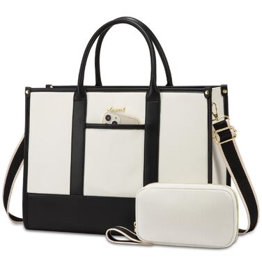 Сумка для ноутбука LOVEVOOK жіноча водонепроникна для роботи, університету (17 дюймів, чорно-бежева). Бізнес-сумка, портфель, сумка для вчителя зі шкіри.