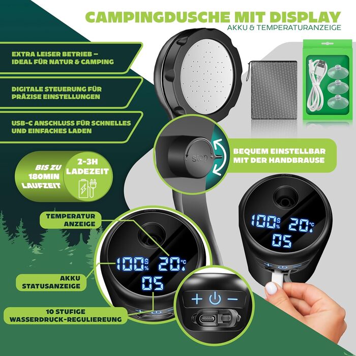 Соняшний душ KESSER® з насосом та акумулятором 8000mAh. Комплект для кемпінгу: 20л бак, регульована насадка, 2м шланг, пістолет-пульверизатор та кріплення.