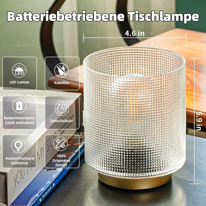 Бездротова настільна лампа з таймером, вінтажний дизайн, скло, LED, для дому та вулиці, сірий колір, розмір L