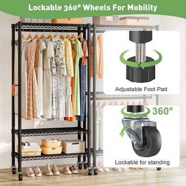 Вішалка для одягу на коліщатках металева з 3 штангами та полицею, чорна (41x81x210 см)