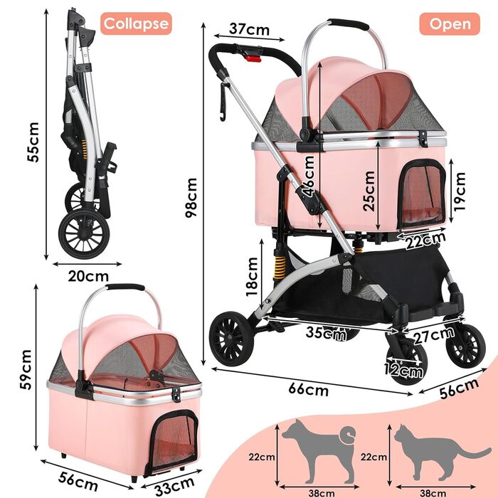 Візок для собак Mamizo 3-в-1: візок, переноска, сумка, до 20 кг, поворотні колеса, кошик, тримач для напоїв, для собак та котів (сріблястий, рожевий)