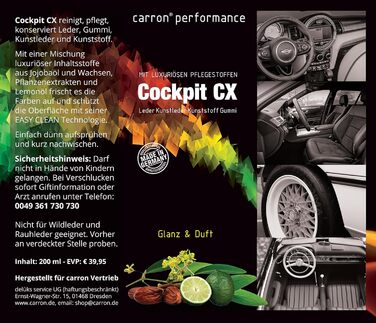 Cockpit CX Spray for cleaning and care of leather, faux leather, plastics, and rubber with jojoba oil, lemon oil, and carnauba wax (Original)