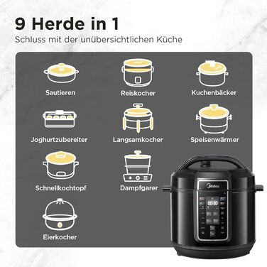 Електричний мультиварка-скороварка Midea 9-в-1, 8 л, 12 програм, антипригарний йогуртниця, рисоварка, повільне приготування, пароварка, нержавіюча сталь, чорна
