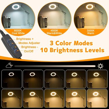 Лампа-лупа Jubor 2-в-1 зі світлом та підставкою, 15x/10x, LED, з кріпленням та основою, 3 режими, регульована яскравість, для хобі, ремонту, майстрів