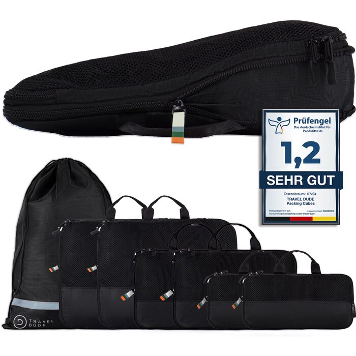 Набір кубиків для пакування TRAVEL DUDE з компресією з перероблених пластикових пляшок, легкі органайзери для рюкзака та валізи, аксесуари (Чорний, 7-кількісний набір)