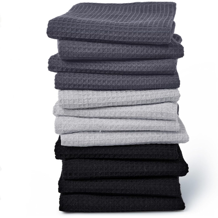 Encasa XO Kitchen Towels and Washcloths made of Cotton | Multicolor 3 | Waffle and Flat Weave Dishcloth | Dish Towel Set | 70x45 cm | Reusable and Quick-Drying 12-Piece Set