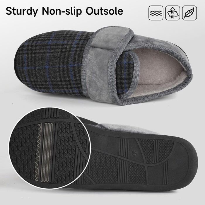 Теплі халапи для чоловіків TIESTRA з флокуванням, для діабетиків, широка нога, з фетрової в'язки, з підошвою з піною Memory Foam, з застібкою-липучкою, розмір 41-47 (Смужки сірого кольору, 46 EU)