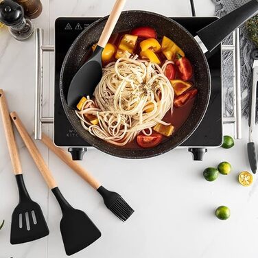 Набір кухонних аксесуарів, 12 шт. - кухонне приладдя з силікону з дерев'яною ручкою, BPA Free, з отвором для підвішування (чорний)