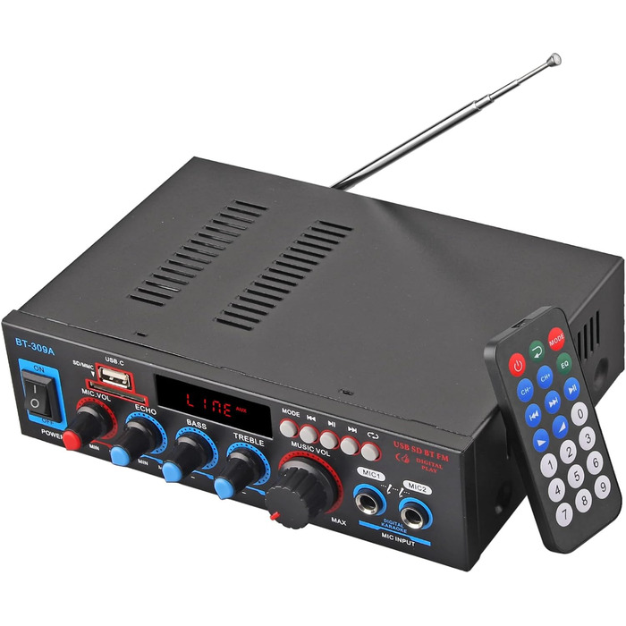 Bluetooth підсилювач PROZOR HiFi Stereo 2-канальний 40Вт+40Вт, 12V/220V, для авто та дому, з FM-радіо, аудіо-ампліфікатор BT-309A