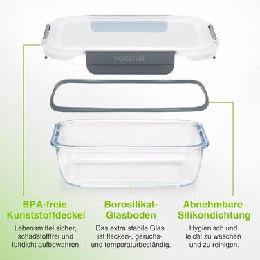 Набір контейнерів VonShef для зберігання їжі (10 шт.) – 1050 мл та 370 мл, придатні для духовки та мікрохвильової печі, миючі в посудомийній машині, герметичні та витікання, ідеальні для приготування їжі на тиждень