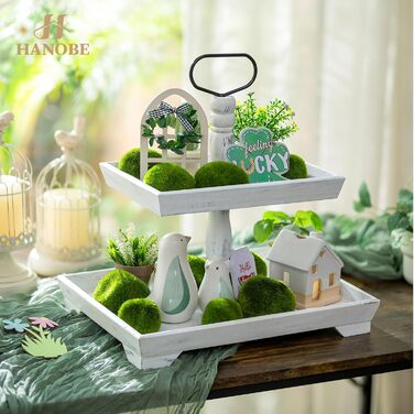Hanobe Decorative Table Tray Etagere Wood: White Washed Wood Tray Large Rectangular with 2 Tiers Farmhouse Decorative Tray Vintage Shabby Serving Tray for Home Coffee Corner Bathroom