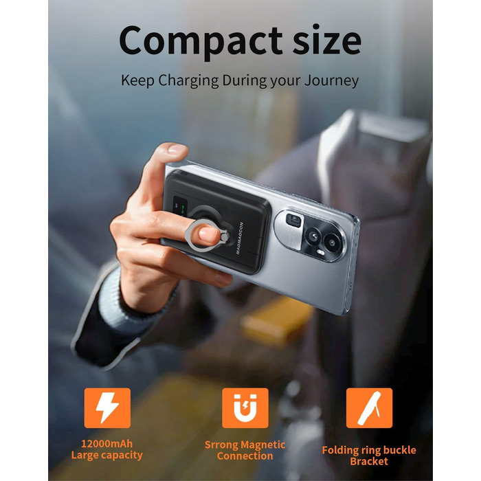 Портативний Пауербанк 12000mAh з бездротовою зарядкою та LCD дисплеєм, 22.5W, USB-C, для iPhone 16/15/14/13/12 Pro/Pro Max