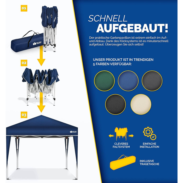 3x3m Waterproof Gazebo | Pop-Up Folding Gazebo with Adjustable Height | Garden Tent with UV Protection 50+ | Party Tent with Bag for Garden (Blue)