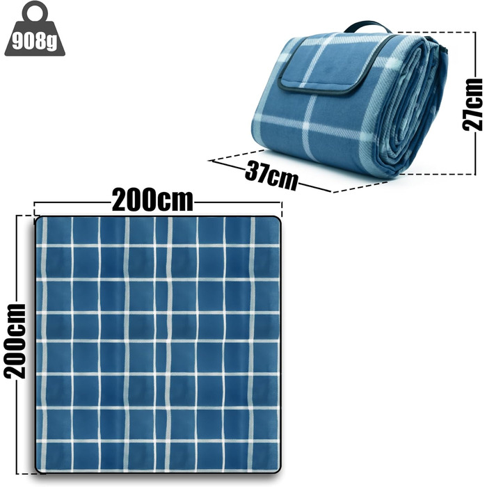 Плед для пікніка BigDean 200x200 см водонепроникний, клітинка блакитна - великий плед для пляжу, саду, парку
