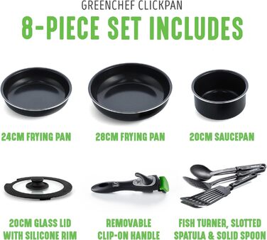 Набір каструль GreenChef ClickPan з керамічним антипригарним покриттям, 3 предмети, 16 см/1,6 л та 20 см/3,1 л, знімна ручка, PFAS-free, для індукції, посудомийної машини, чорний. 8-елементний набір посуду з каструлями та сковородами