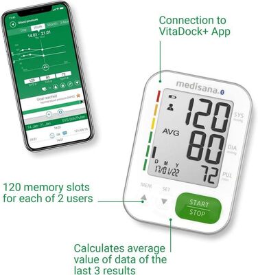 Тонометр на плече Medisana BU 565 з Bluetooth: точний вимір тиску та пульсу, пам'ять, великий дисплей, індикатор кольорами, виявлення аритмії
