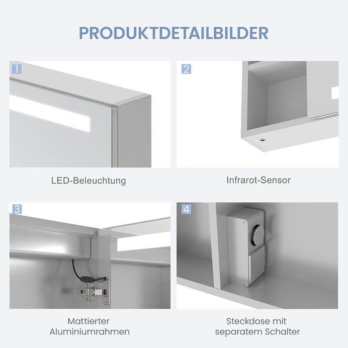 Дзеркальна шафа для ванної кімнати AQUABATOS з розеткою та підсвічуванням LED, 50x70 см, шафа для ванної кімнати, дзеркало з інфрачервовим сенсором, регулювання яскравості, антизапарювання, холодне біле світло