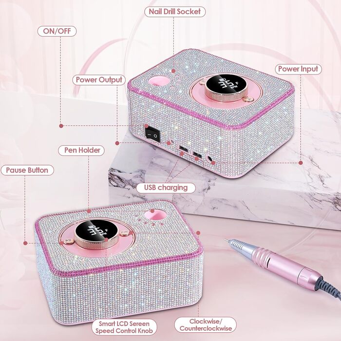 Професійна електрична машинка для манікюру та педикюру 45000 RPM, рожева, з алмазним фрезером, для салонного та домашнього використання