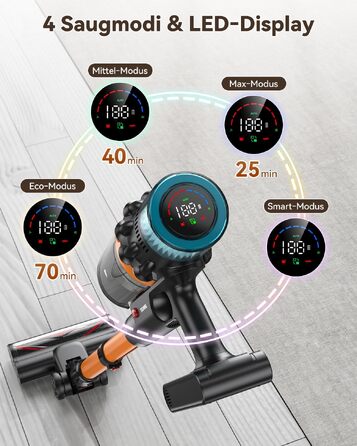 Акумуляторний вертикальний пилосос TechRise 58KPA 680W, LED-дисплей, 3 смарт-режими, антинамотування та фільтр 8-в-1, для килимів, твердих підлог та шерсті тварин, чорно-золотий