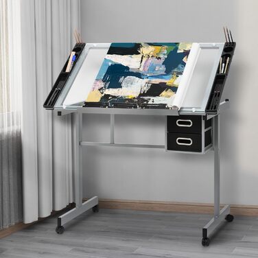 Adjustable Art Desk with Storage - Tiltable Drafting Table with Wheels - Multi-Purpose Craft Station