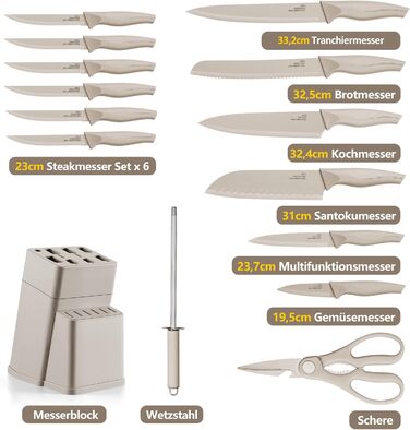 Набір ножів Joyfair 15 предметів з бруском, з високоякісної нержавіючої сталі, кухонний набір ножів для нарізки та подрібнення (Хакі)