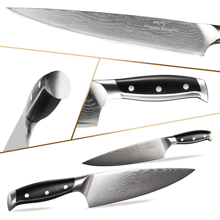 Nanfang Brothers 18-Piece Damascus Kitchen Knife Set with Hammered Handles & Wood Block - Premium Quality Steel Blades