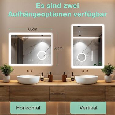 LED дзеркало для ванної кімнати 80x60 см з підсвічуванням, 3 кольори, регулювання яскравості, антизапарник, годинник, 3x збільшення, розетка