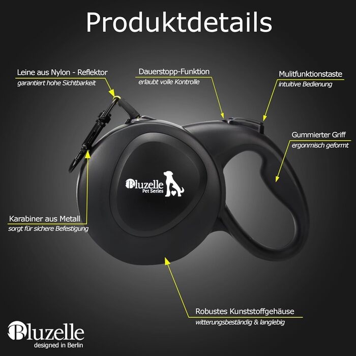 Рулетка для собак Bluzelle 8м, до 50кг, Neon-Yellow, з металевим карабіном 360°, зручний ручний гальма, чорний гумовий ручка