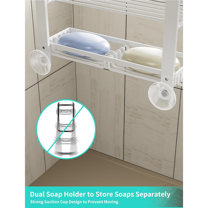 HapiRm Shower Shelf - Hanging Shower Rack Adjustable with 4 Shower Baskets, Shower Shelf No Drilling with Soap Dish and Hooks, Shower Shelf Over the Door Glass Wall & Bathroom Door (White)