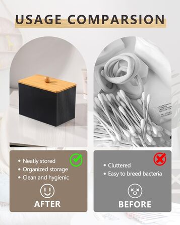 Диспенсер для ватних дисків та паличок з бамбуковим кришкою, органайзер для ватних виробів, чорний, для ванної кімнати