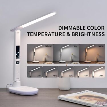 LED настільна лампа з USB зарядкою, годинником, LCD дисплеєм та регулюванням температури для спальні, офісу (біла)