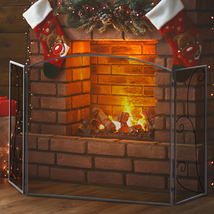HOMCOM Fireplace Guard, 3-Panel Folding Fire Screen, Spark Screen, Fireplace Protection, Metal, Black, 132.5 x 76.5cm for a Safe Fireplace Area