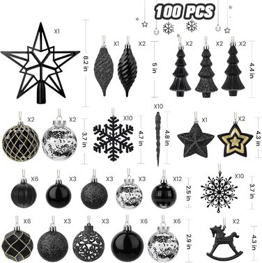 Набір з 100 штучних новорічних кулькок Shareconn, міцні, з гачками, різні розміри та дизайни, декор для ялинки, внутрішнє та зовнішнє прикрашання (чорний)