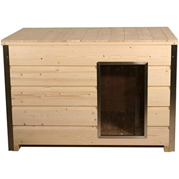 Будка для собак з дерева з ізоляцією 30 мм та плоским дахом, вхід з боку (довга сторона)