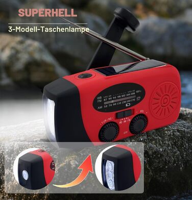 Сонячна радіостанція з ручним заводом 2000mAh, AM/FM/NOAA, USB-зарядка, заряд для телефону, SOS-сигнал, LED-ліхтарик для кемпінгу та походів (Червоний)