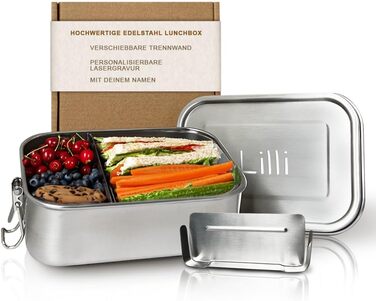LOOXIS Personalized Stainless Steel Lunchbox with Name & Text Engraved – 800 ml, including compartment divider, leak-proof, Bento Box, lunchbox – Gift idea for children, starting school, work - M