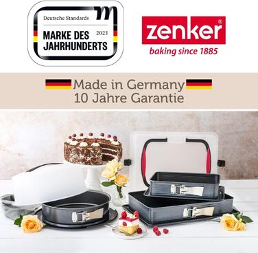 Zenker Rectangular Springform Pan with Lid DELUXE, Cake Transport Box with Enamel Base, Baking Sheet with Lid (Color: Black/Transparent/Red), Quantity: 1 Piece