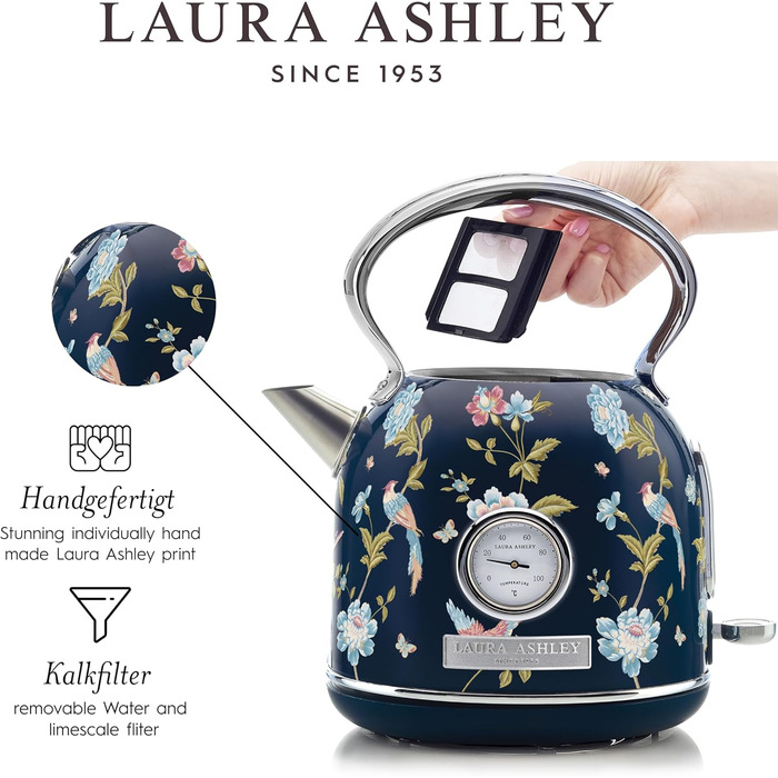 Laura Ashley Elveden Stainless Steel Cordless Electric Kettle - 1.7L, 2.2kW, with Temperature Display & Overheat Protection