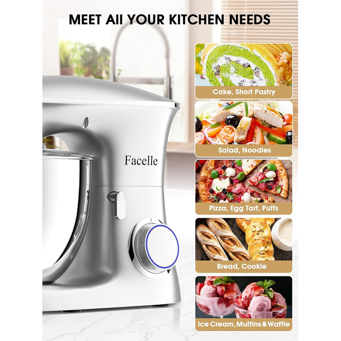 Facelle 2000W 8.5L Stand Mixer - Heavy Duty Dough & Bread Machine with Whisk, Dough Hook, Beater & Splash Guard for Baking Cakes, Cookies & Kneading - 6+ Speed (Silver)