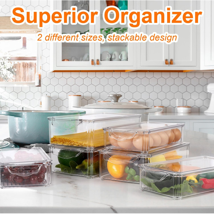 Refrigerator Organizer Set, 6-Piece Organizer Boxes for Refrigerator with Lids, Transparent Refrigerator Boxes Stackable, Storage Boxes for Refrigerator for Kitchen Cabinets