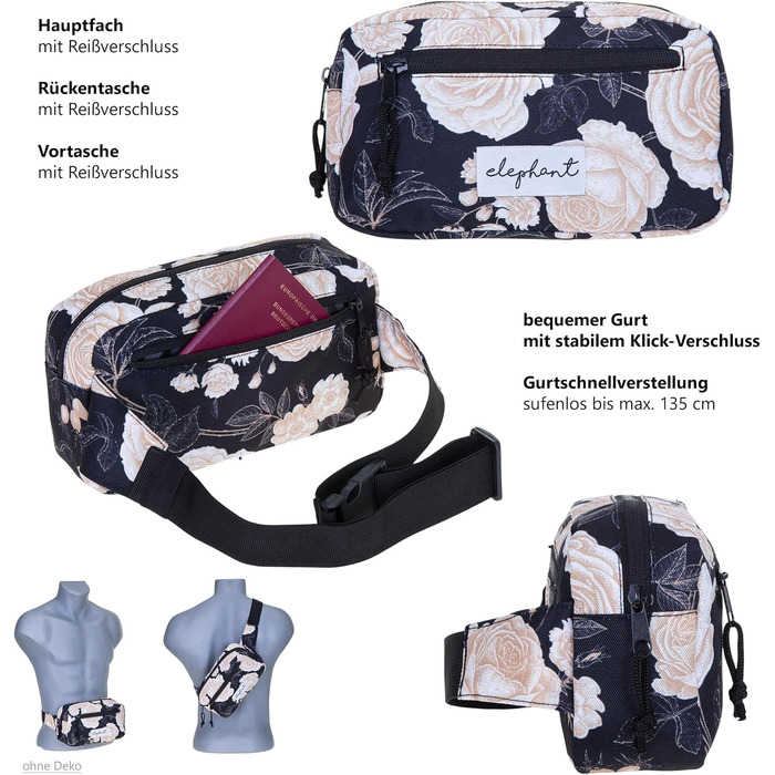 Сумка на пояс (фенні-пак) для жінок та чоловіків, велика, чорна з квітковим принтом, 13021