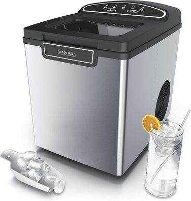 Stainless steel ice maker, ice cube maker, ice maker machine 1.8 Liter ice cube maker, ice cream machine with cooling, ice cube sizes small and large, status LEDs, ABS, BPA free, silver stainless steel