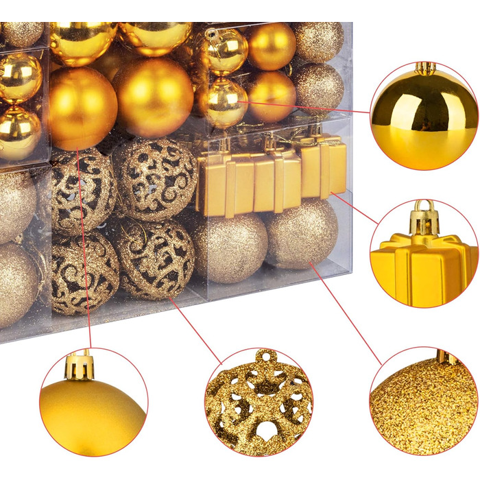 Набір прикрас для ялинки Homewit 105 шт. Золотий, пластикові кулі з гачками, набір ялинкових прикрас