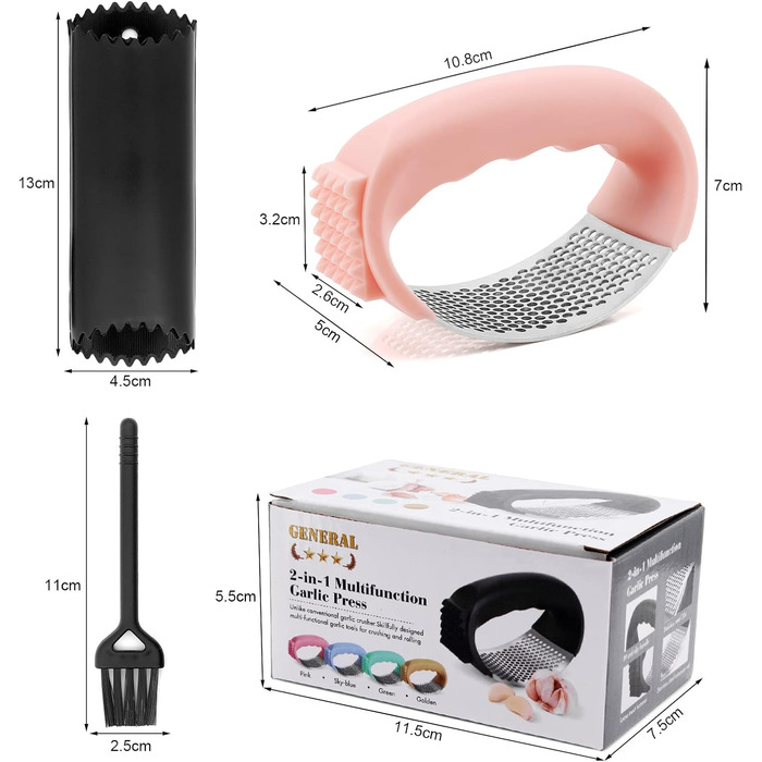 Пресувалка для часнику Bemodst з нержавіючої сталі 304, 2-в-1: пресувалка та очищувач часнику, ергономічна ручка, легка у використанні та чищенні, з щіткою для чищення часнику Rose