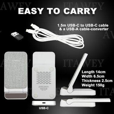 Бездротова зарядка 15W, складана, кабель 1.5м + USB-перехідник, сумісна з iPhone 15/14/13/12/11, Galaxy S25/S24/S23/S22/S21/S20/S10 та всіма Qi-телефонами, білий