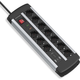 Многофункціональна мережева панель Ucomen з USB та захистом від перенапруги (3680W, 16A) для комп'ютерних столів, 10 розеток, 20W USB-A та USB-C зарядка, кабель 1.5м