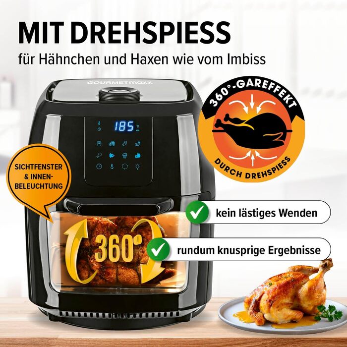 Gourmetmaxx Digital Hot Air Fryer XXL - 9L Oven | Air Fryer with Timer Function, Touch Display, Rotisserie, Skewers | Low-Fat, Energy-Saving Frying | 8 Programs, 1800 W Black 9 Liters