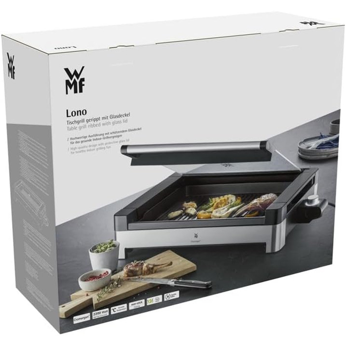 WMF Lono Electric Table Grill with Glass Lid - Non-Stick Coated Plate, Removable Drip Tray, Dishwasher Safe, Matte Stainless Steel, 2200W Single
